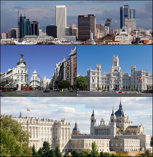 Collage of Madrid: central business districts - AZCA and CTBA, Calle de Alcalá street with Metropolis Building, Palace of Communication, Royal Palace and Almudena Cathedral